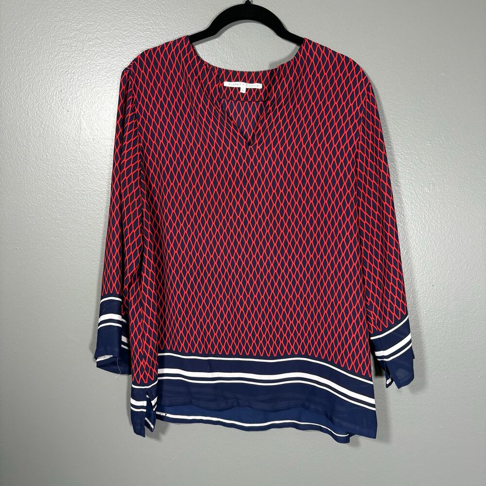 Violet + Claire Women's Red & Blue Retro Preppy Top - Size Large - Country Club